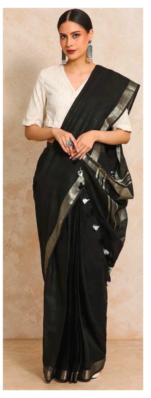 Black linen cotton saree with silver-toned border