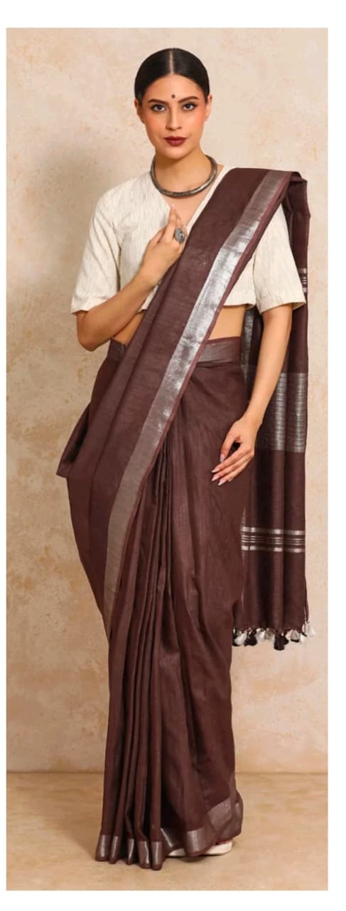 Deep Brown linen cotton saree with silver-toned border