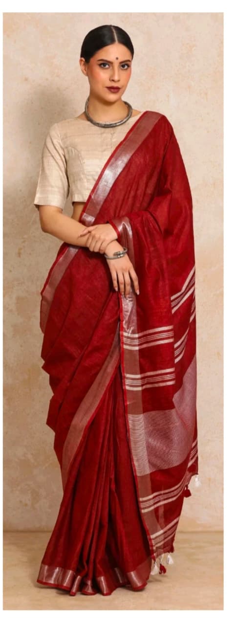 Maroon linen cotton saree with silver-toned border