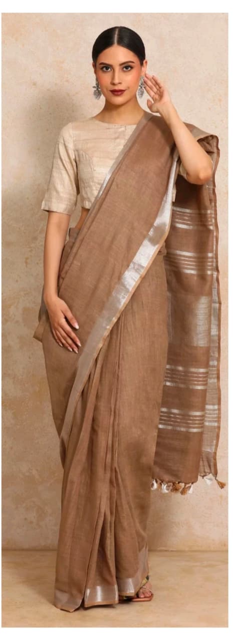 Taupe Brown linen cotton saree with silver-toned border