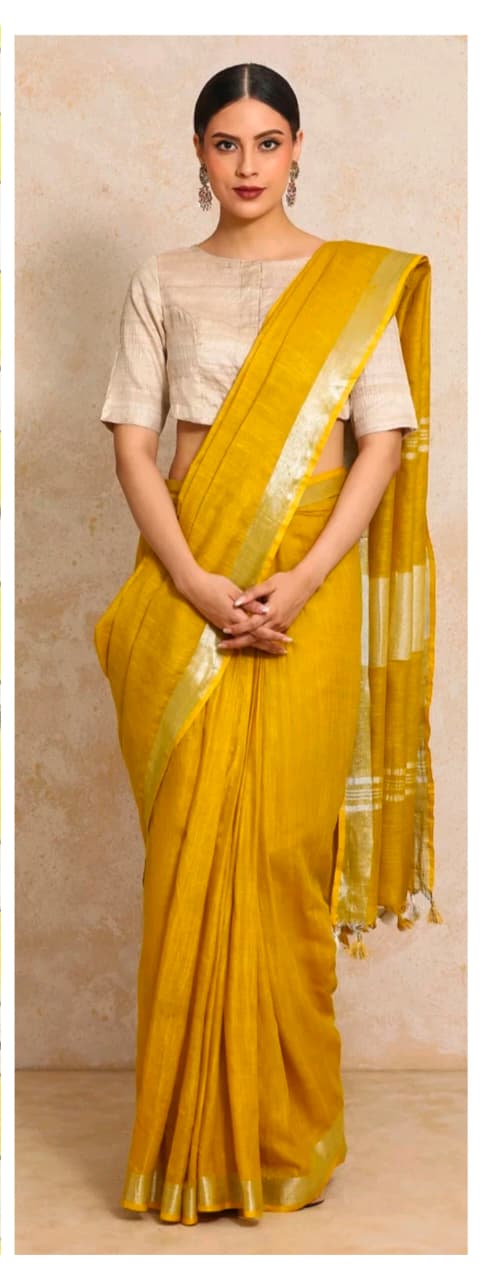 Mustard Yellow linen cotton saree with silver-toned border