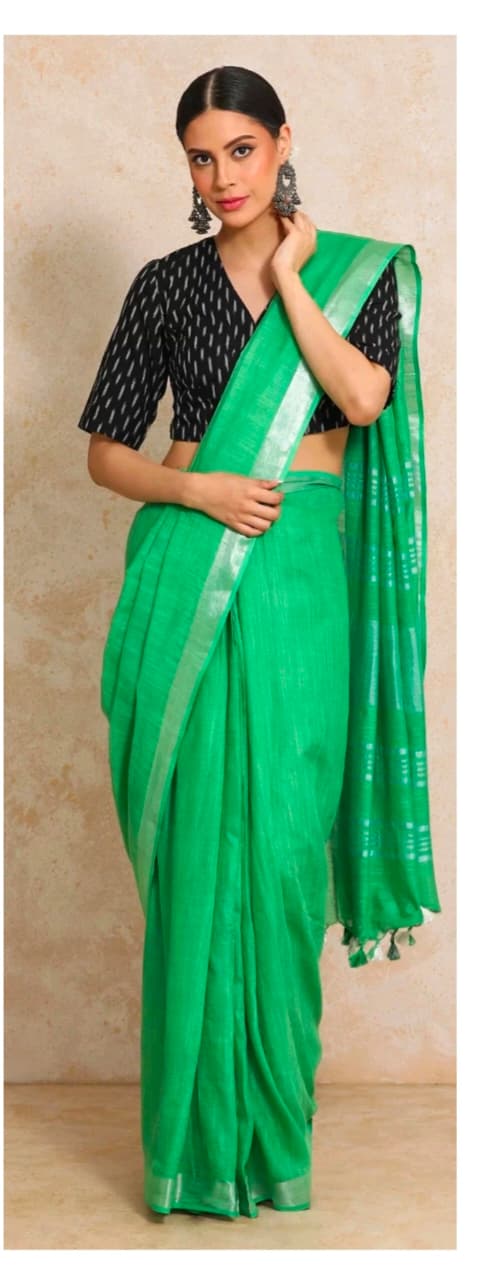 Bright Green linen cotton saree with silver-toned border