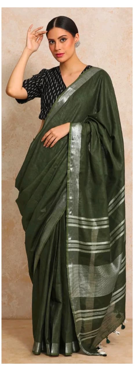 Olive Green linen cotton saree with silver-toned border