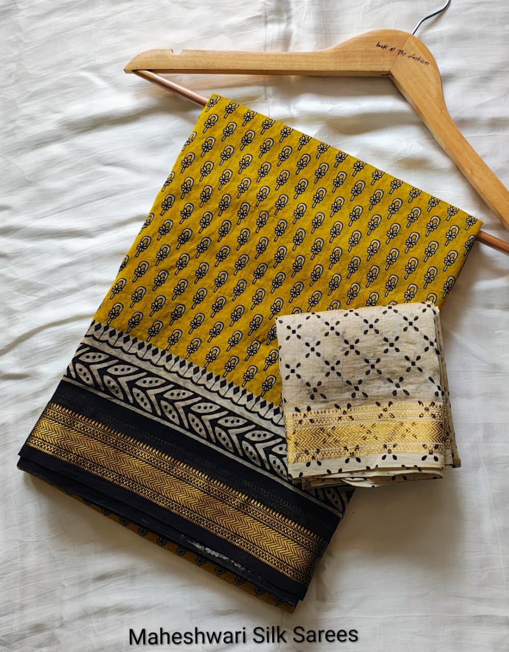 Mustard Yellow & Beige Maheshwari Silk Saree with Black Floral Motifs, Printed Pallu and Black-Gold Zari Border