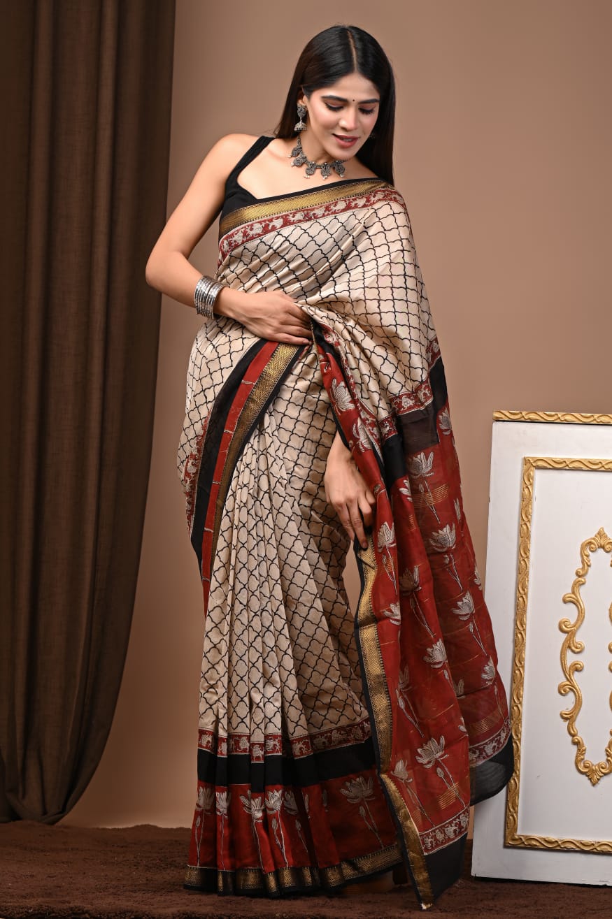 Beige & Maroon Maheshwari Silk Ajrakh Saree with Black Lattice Print, Floral Maroon Pallu and Gold Zari Border