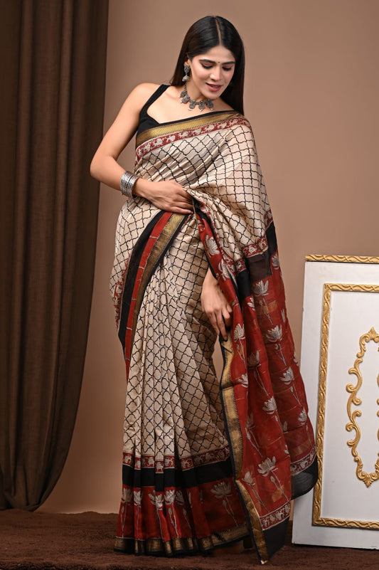 Beige & Maroon Maheshwari Silk Ajrakh Saree with Black Lattice Print, Floral Maroon Pallu and Gold Zari Border