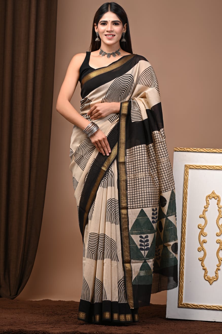 Beige & Black Maheshwari Silk Ajrakh Saree with Abstract Arch Prints, Geometric Pallu and Gold Zari Border
