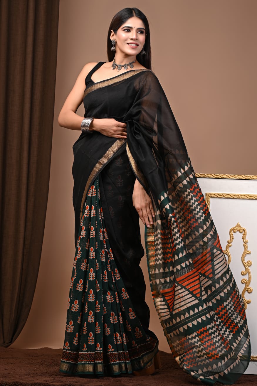 Black & Deep Green Maheshwari Silk Ajrakh Saree with Floral Body, Geometric Pallu and Gold Zari Border