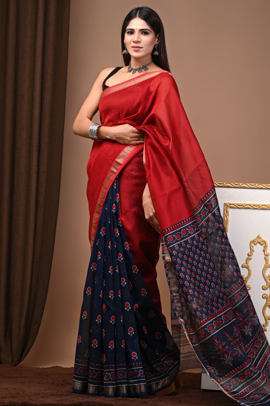 Red & Navy Blue Maheshwari Silk Ajrakh Saree with Floral Motif Body, Printed Navy Pallu and Gold Zari Border