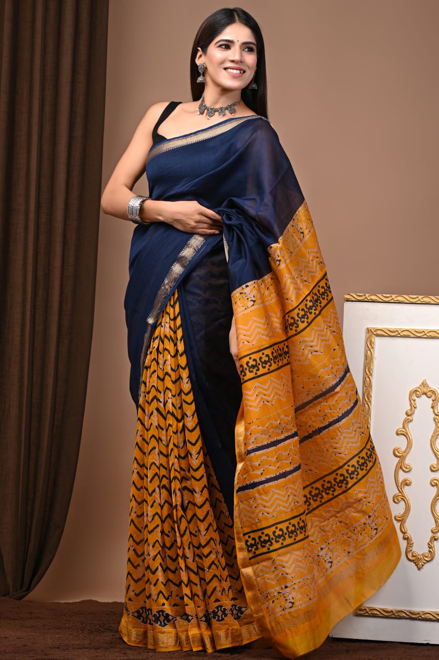 Navy Blue & Mustard Yellow Maheshwari Silk Ajrakh Saree with Zigzag Printed Body, Geometric Mustard Pallu and Gold Zari Border