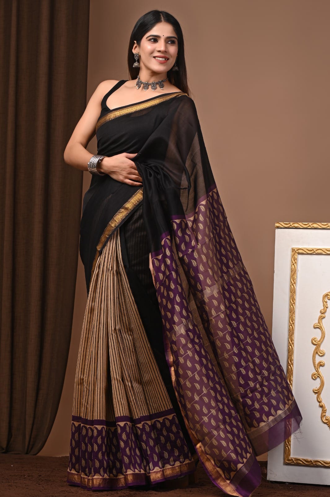Black & Beige Maheshwari Silk Ajrakh Saree with Striped Body, Purple Leaf-Printed Pallu and Gold Zari Border