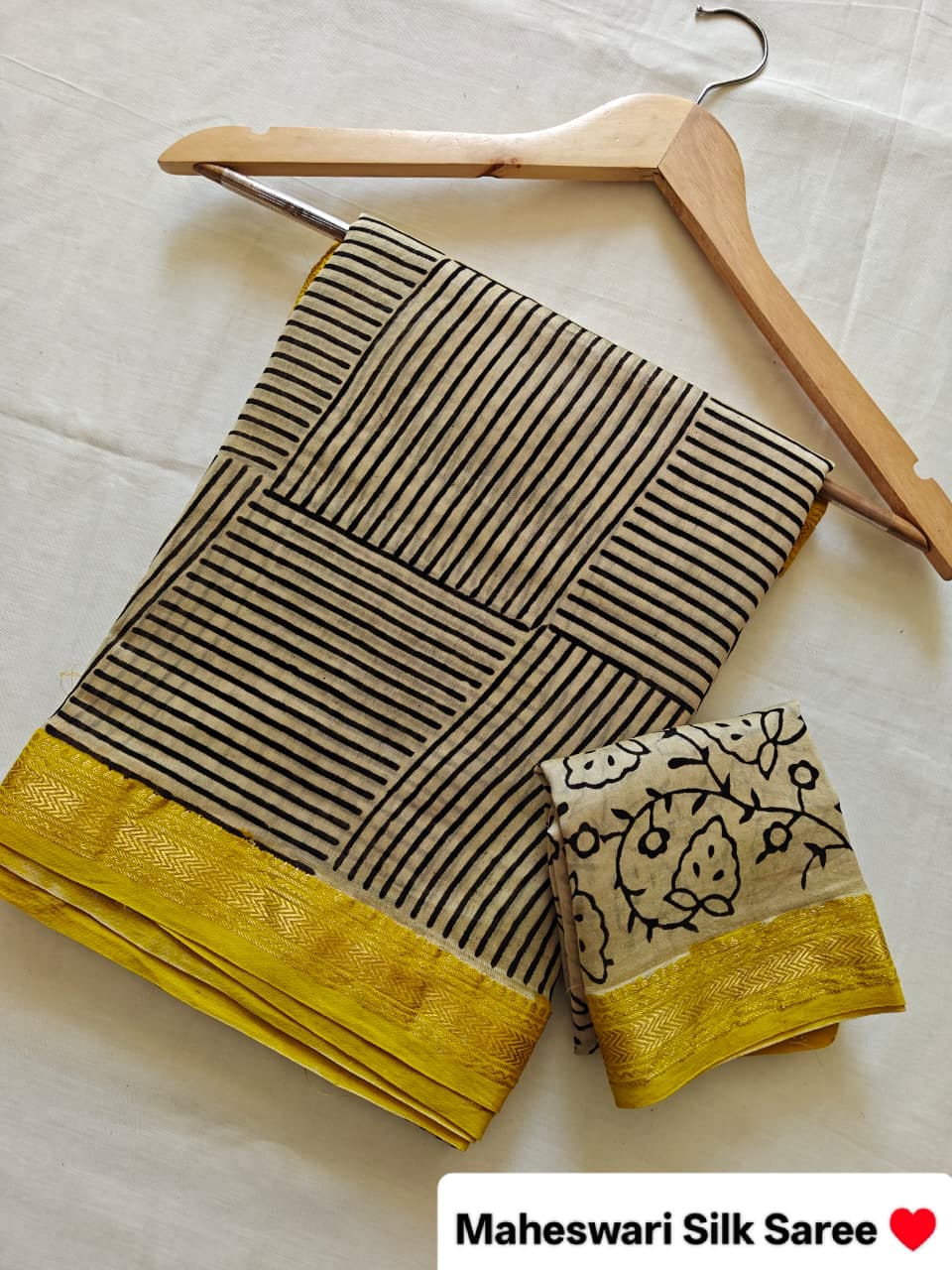Cream & Black Maheshwari Silk Saree with Bold Linear Stripes, Floral Printed Pallu and Mustard-Gold Zari Border