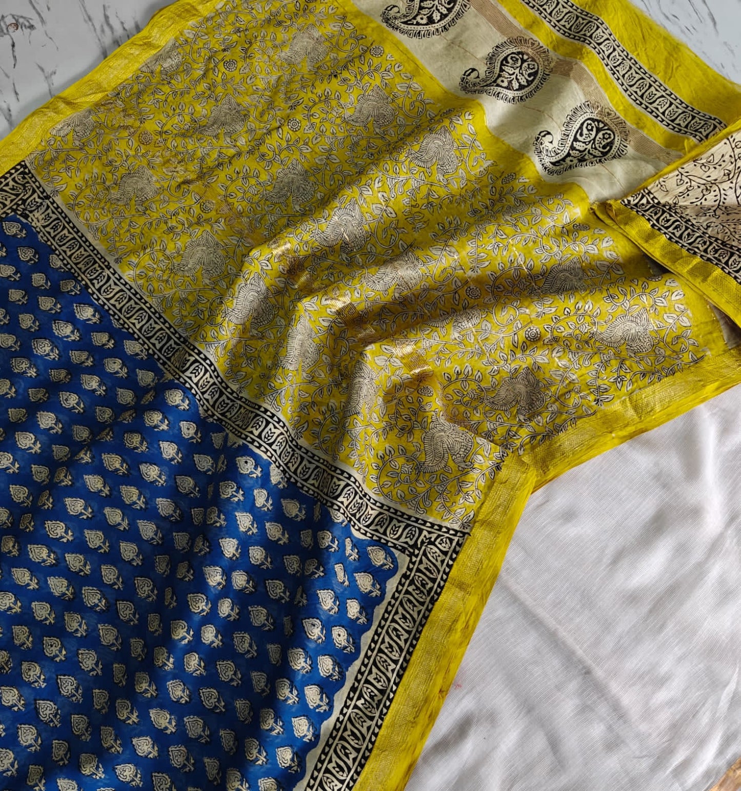 Royal Blue & Mustard Yellow Maheshwari Silk Saree with Ajrakh Pallu & Black Printed Border