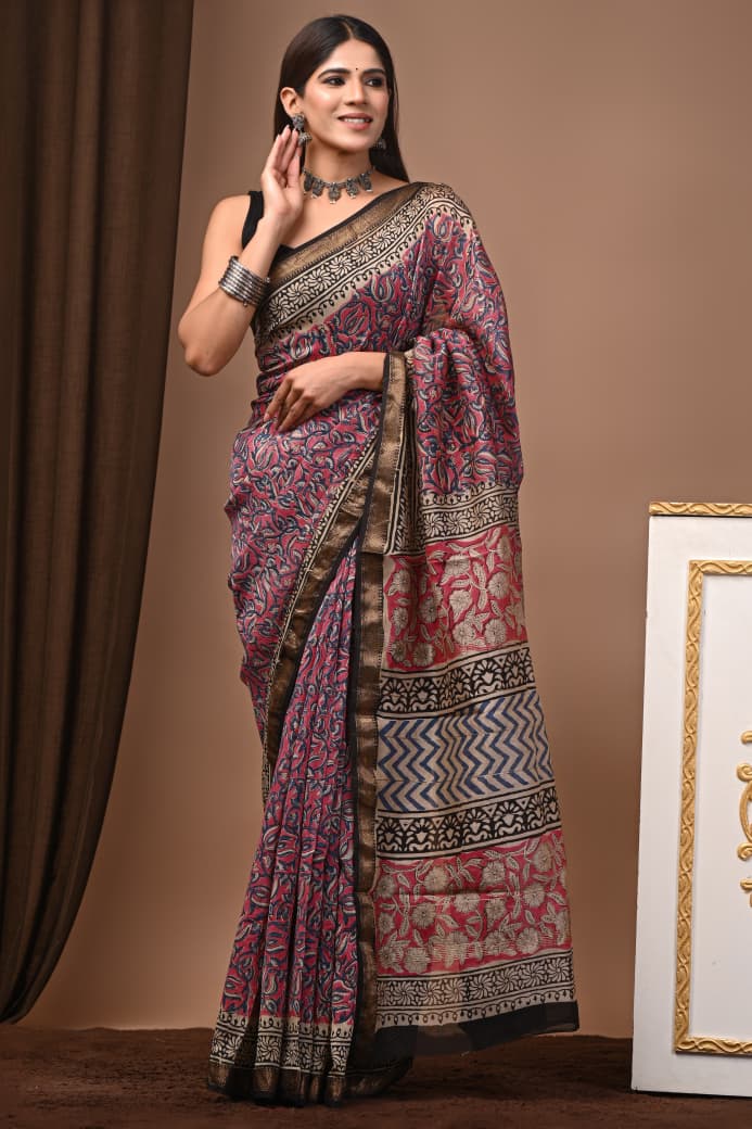Pink & Blue Maheshwari Silk Ajrakh Saree with Floral Printed Body, Multicolour Patterned Pallu and Gold Zari Border