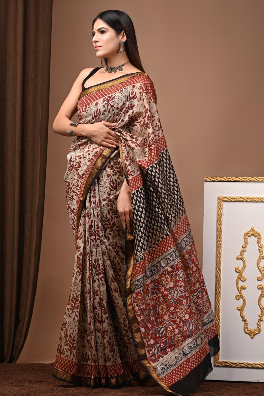 Beige & Black Maheshwari Silk Ajrakh Saree with Maroon Floral Printed Body, Black Printed Pallu and Gold Zari Border