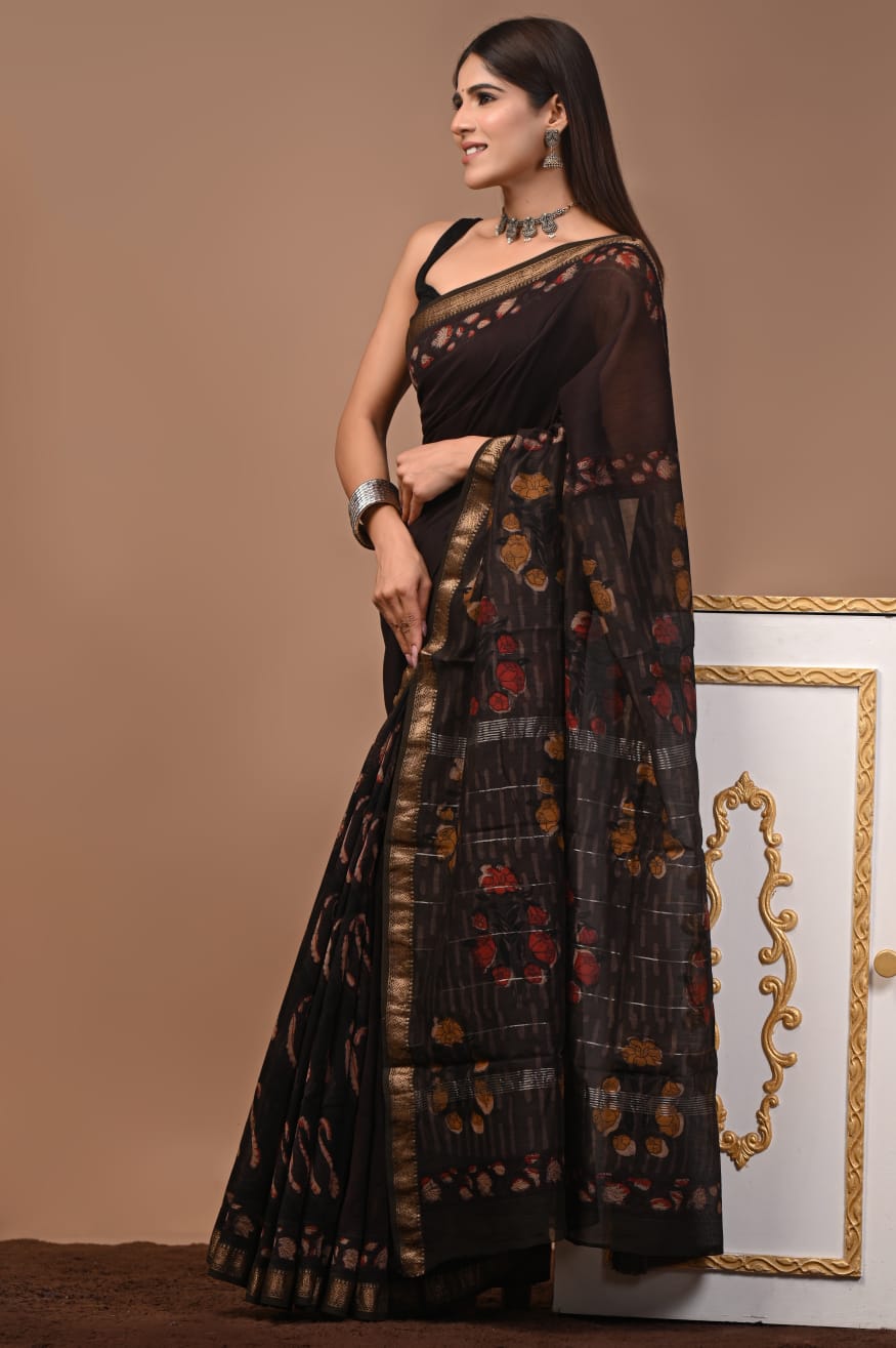 Black Maheshwari Silk Ajrakh Saree with Multicolour Floral Prints, Checked Pallu and Gold Zari Border