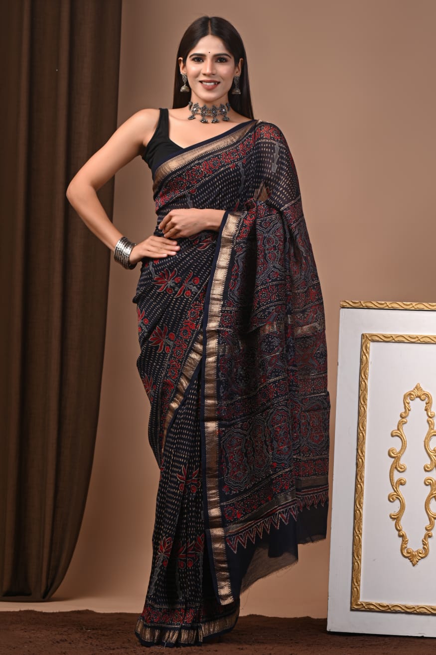 Navy Blue & Black Maheshwari Silk Ajrakh Saree with Red Floral Motifs, Ornate Printed Pallu and Gold Zari Border