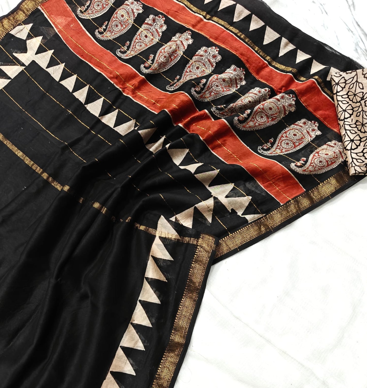 Black Maheshwari Silk Saree with Rust & Cream Ajrakh Paisley Pallu and Geometric Gold Border