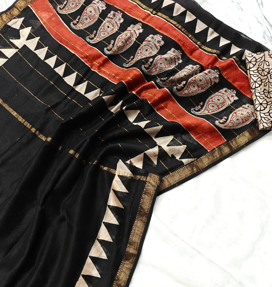Black Maheshwari Silk Saree with Rust & Cream Ajrakh Paisley Pallu and Geometric Gold Border