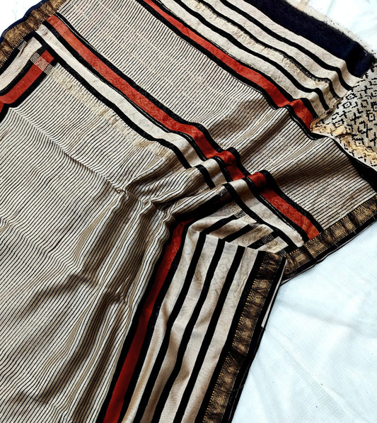 Black & Beige Maheshwari Silk Saree with Rust Stripes, Fine Linear Weave Pallu and Gold Zari Border