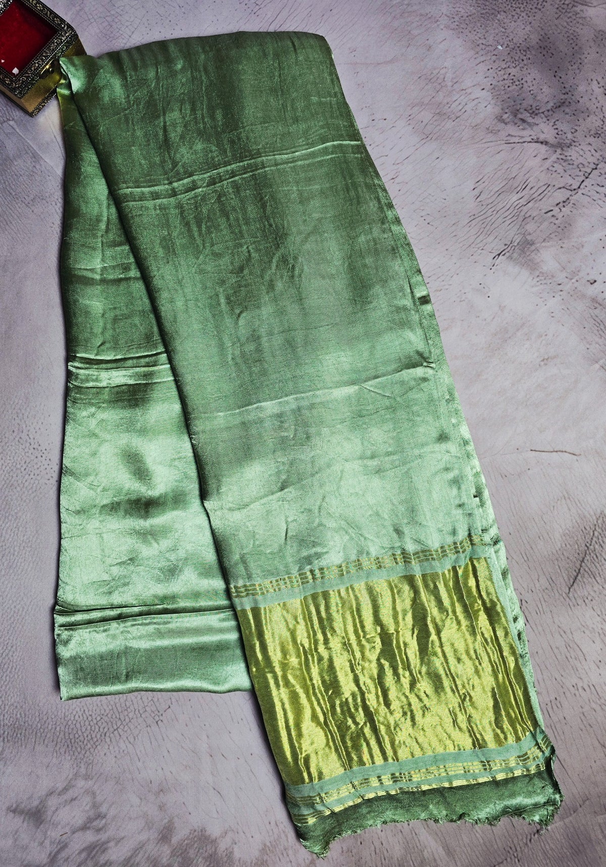 Sage green Modal Silk plain saree with antique gold zari pallu