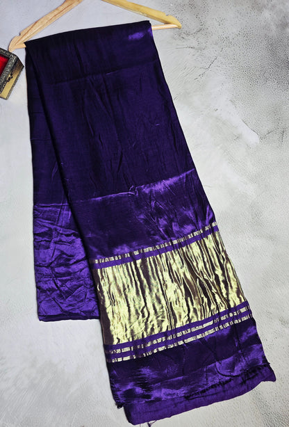 Deep purple Modal Silk plain saree with antique gold zari pallu