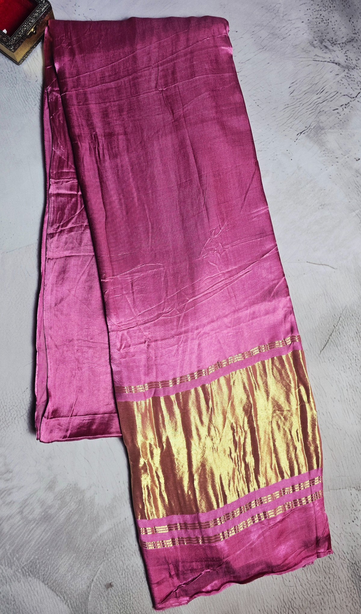 Raspberry pink Modal Silk plain saree with antique gold zari pallu