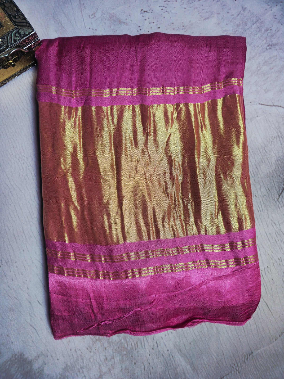 Raspberry pink Modal Silk saree with antique gold zari border and pallu