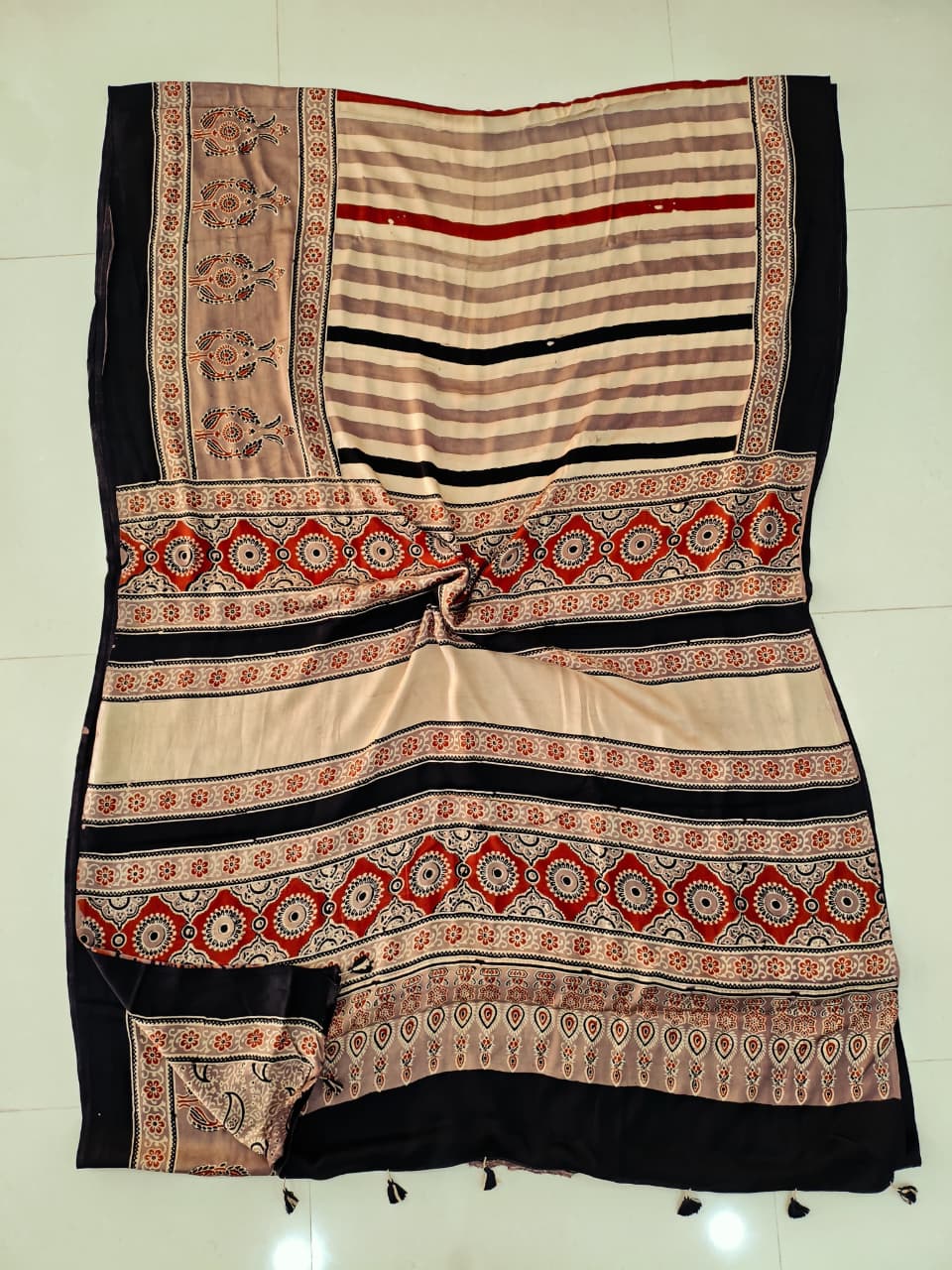 Black Red and Teal Ajrakh Modal Silk Saree