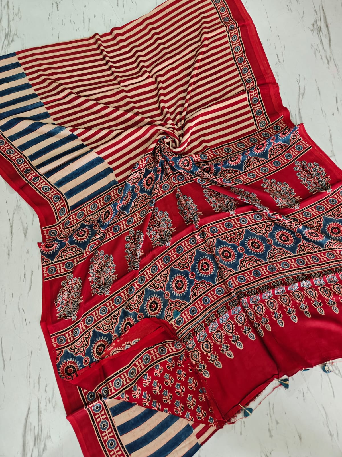 Maroon and Beige Striped Ajrakh Modal Silk Saree