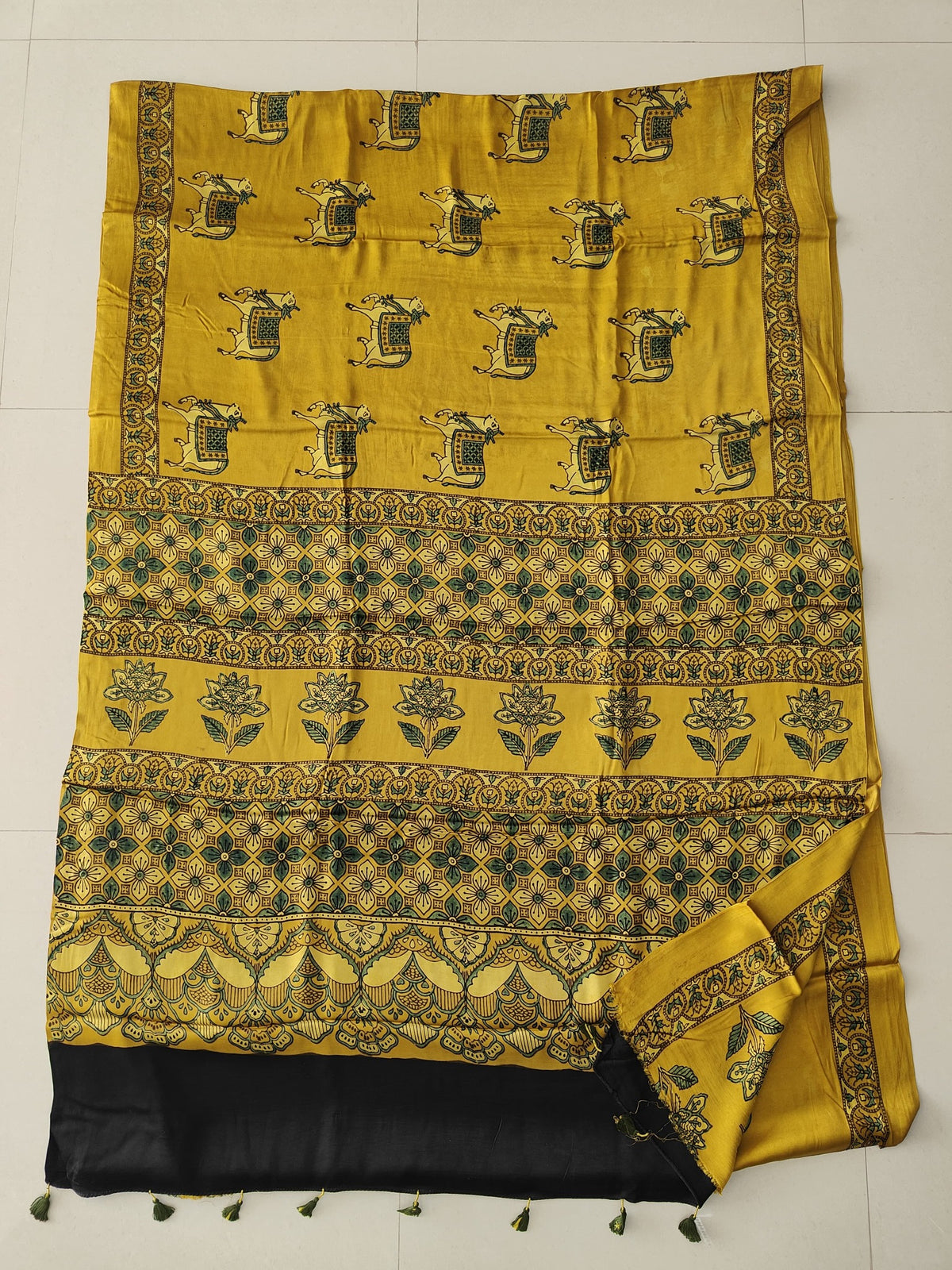 Golden Yellow and Black Horse Motif Modal Silk Saree