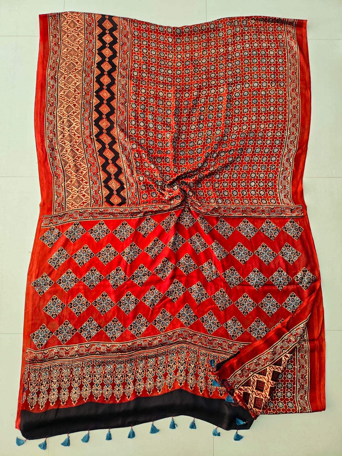 Red and Indigo Blue Floral Modal Silk Saree