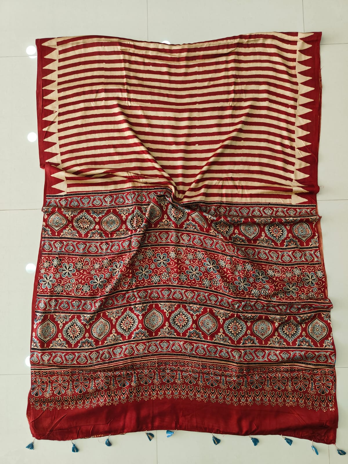 Red and Indigo Blue Striped Floral Modal Silk Saree