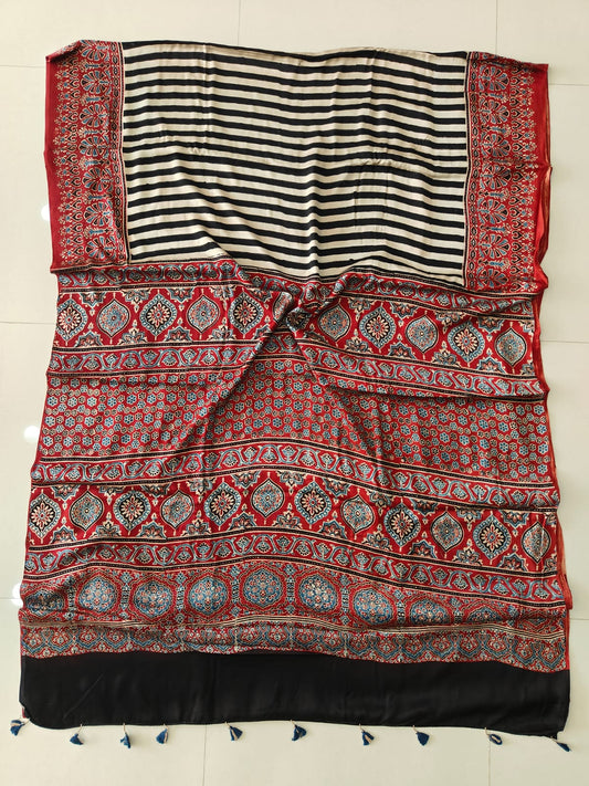 Beige Black and Red Striped Modal Silk Saree