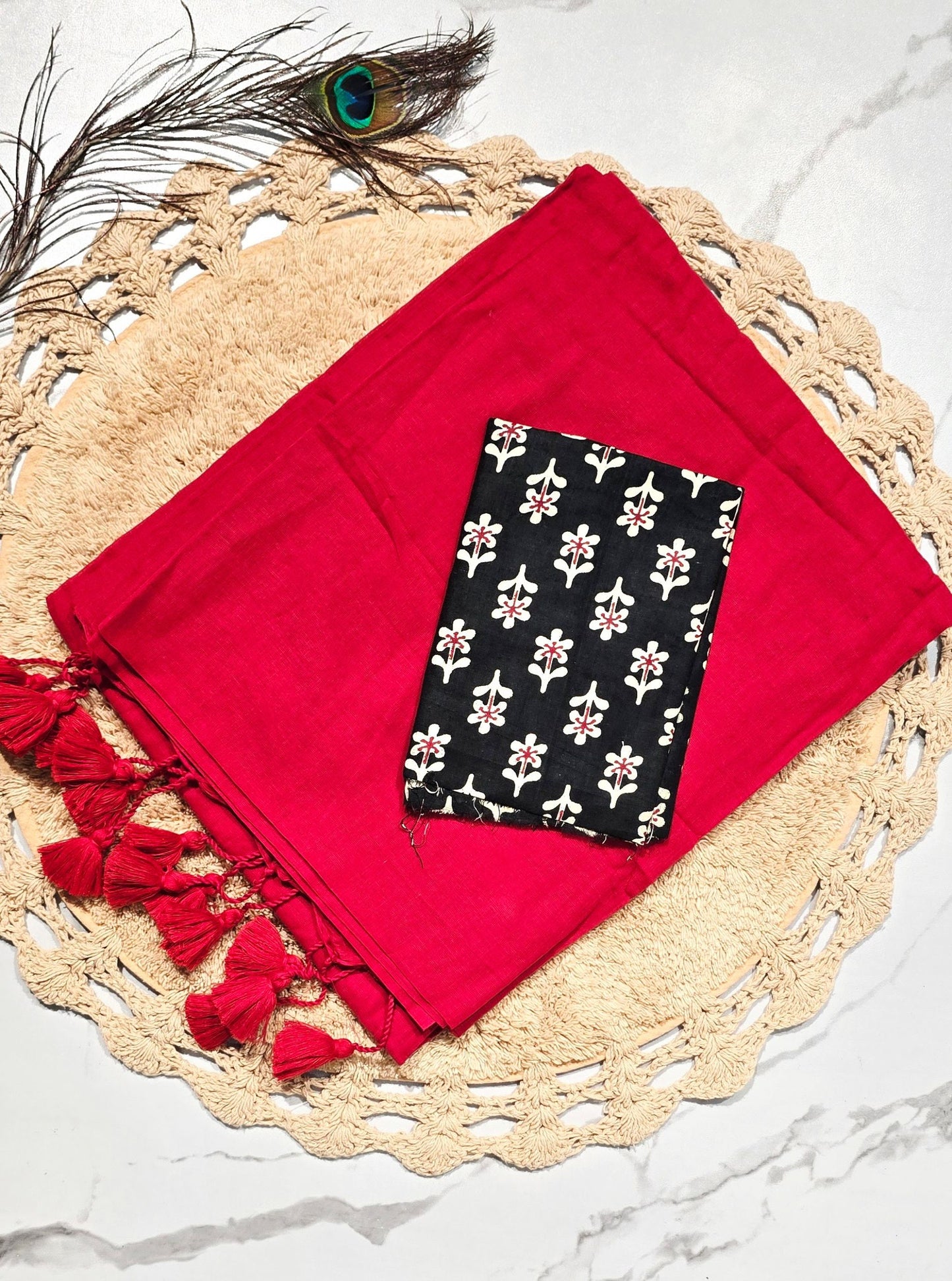 Classic Red Mul Cotton Saree with Tasselled Pallu & Black Floral Printed Blouse