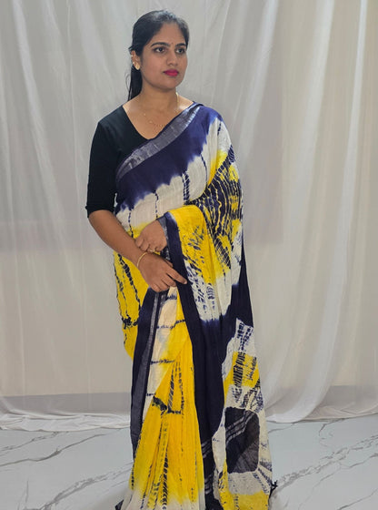 Yellow & Navy Blue Linen Cotton Saree with Abstract Tie-Dye Inspired Patterns