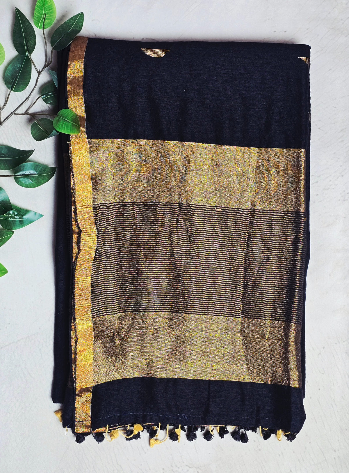 Deep navy Mul Cotton saree with antique gold zari border