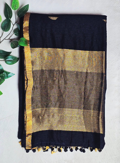 Deep navy Mul Cotton saree with antique gold zari border