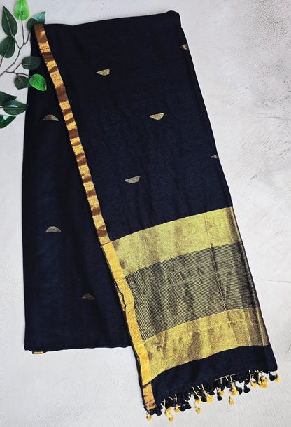 Deep navy Mul Cotton saree with gold zari buta motifs