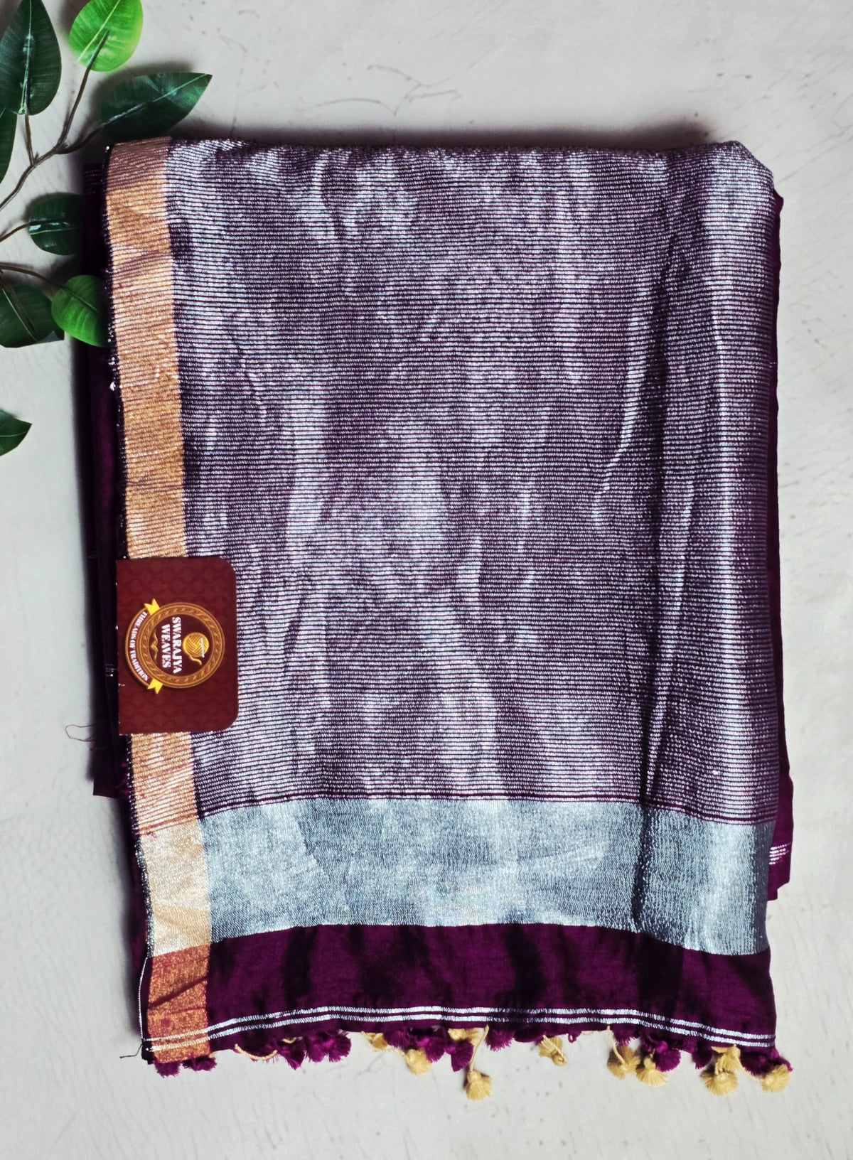 Deep wine plum Mul Cotton saree with silver zari and antique gold border