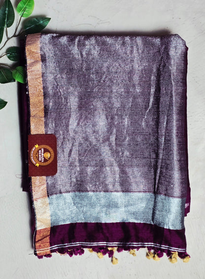 Deep wine plum Mul Cotton saree with silver zari and antique gold border