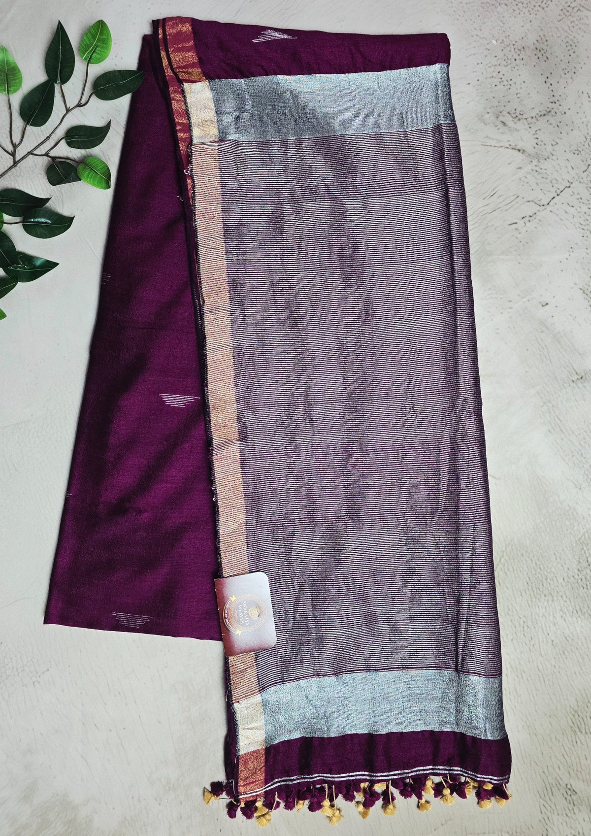Deep wine plum Mul Cotton saree with silver zari pallu
