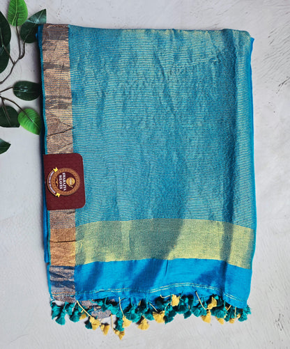 Bright turquoise blue Mul Cotton saree with pale gold zari border