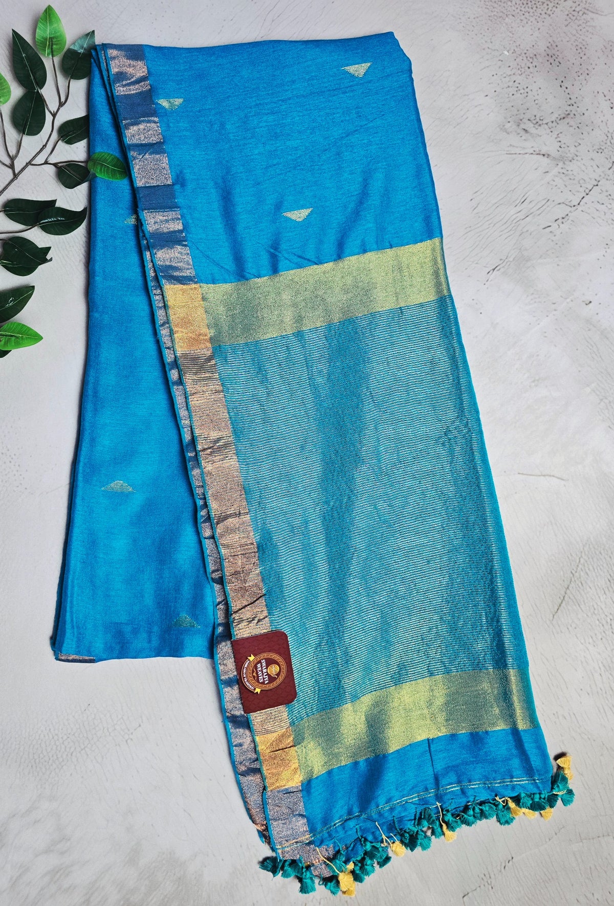 Bright turquoise blue Mul Cotton saree with pale gold zari pallu