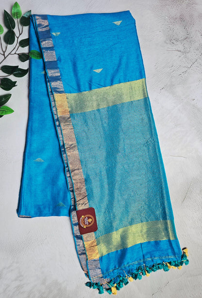 Bright turquoise blue Mul Cotton saree with pale gold zari pallu