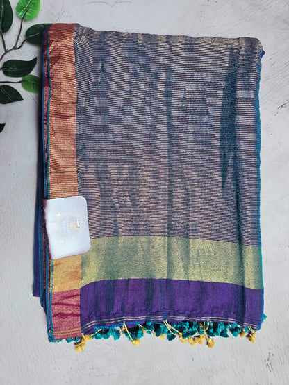 Violet purple Mul Cotton saree with pale gold zari and rose gold border