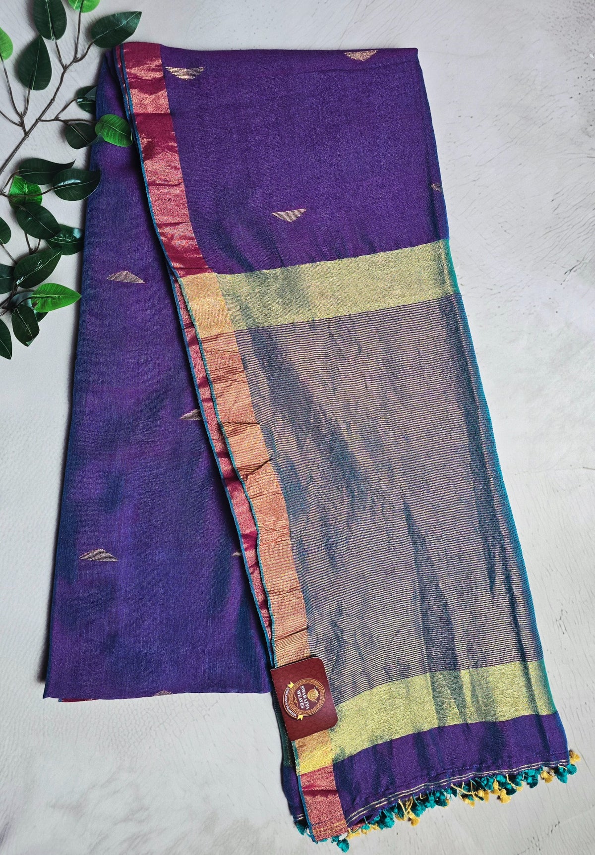 Violet purple Mul Cotton saree with pale gold zari pallu