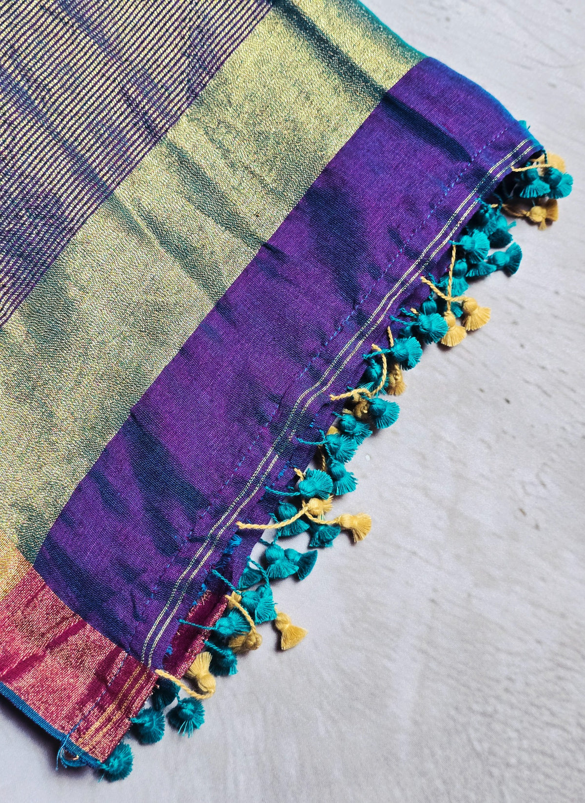 Violet purple Mul Cotton saree close-up with zari and tassels