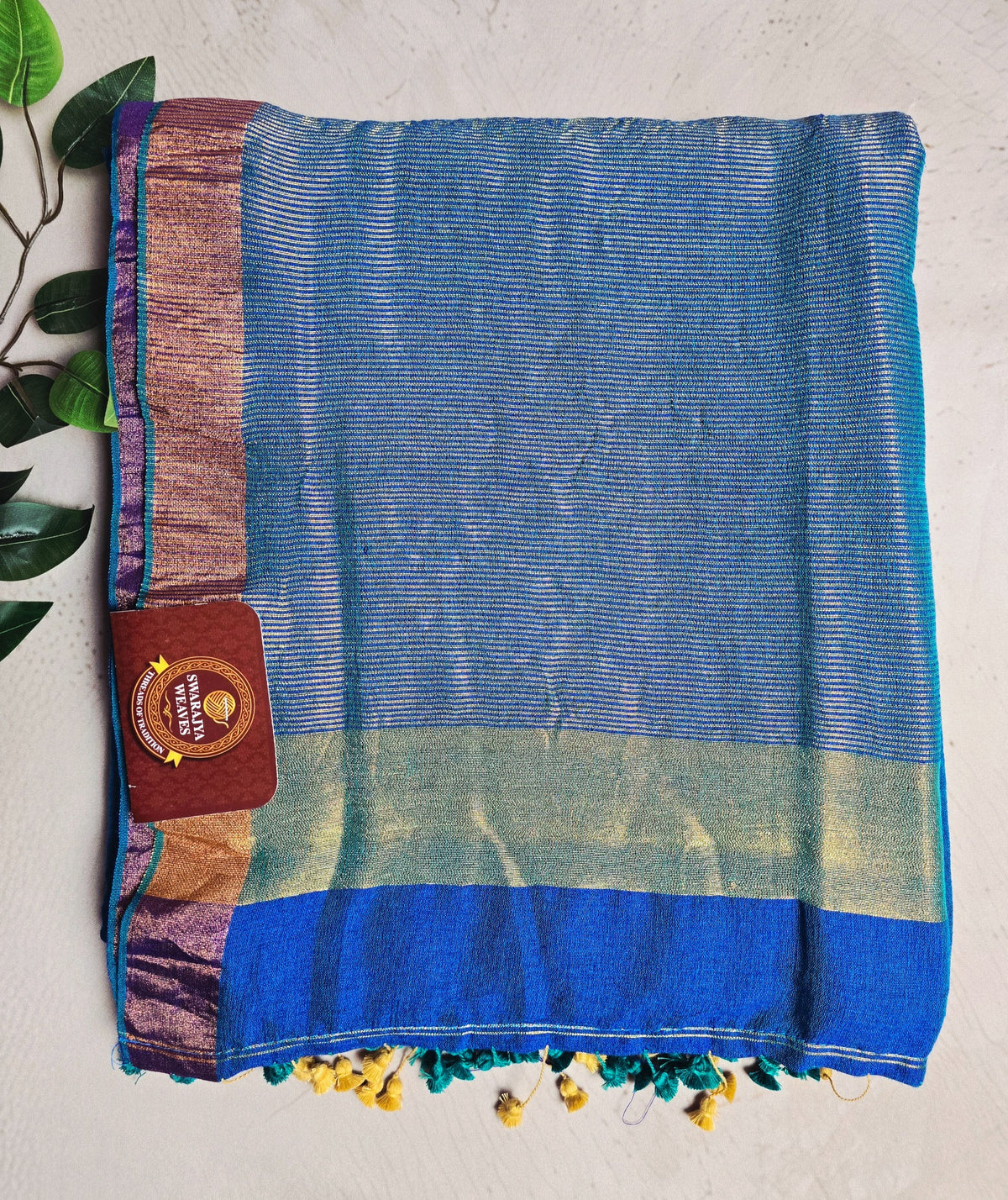 Royal blue Mul Cotton saree with pale gold zari border