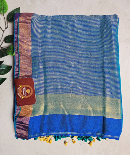 Royal blue Mul Cotton saree with pale gold zari border